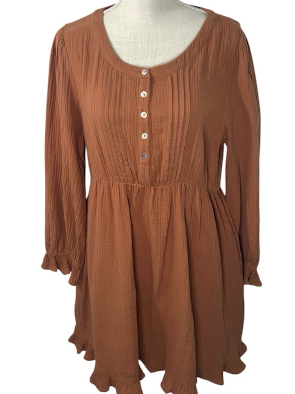 NWOT Women's Rust/ Brown Button-Front Long Sleeve Baby Doll Dress Small